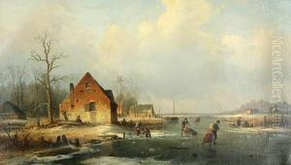 Skating On A Pond Oil Painting by Louis Smets