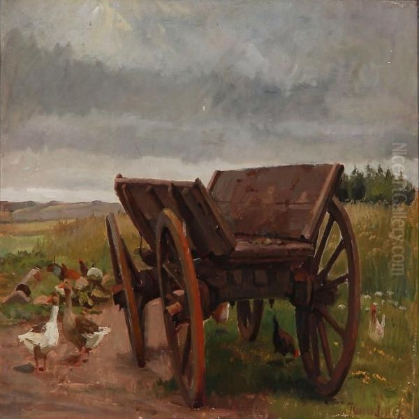 Landscape With Geese And Ducks Around An Old Wagon Oil Painting by Hans Ludvig Smidth