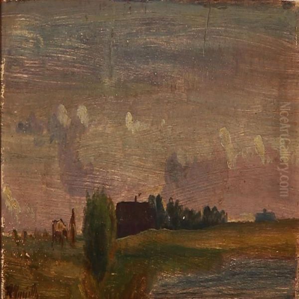 Evening Landscape With Houses Oil Painting by Hans Ludvig Smidth