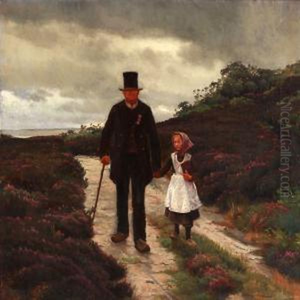 Grandfather And A Girl On A Road Surrounded By Heather Oil Painting by Hans Ludvig Smidth