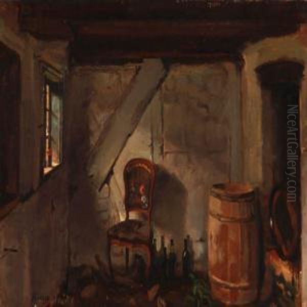 An Old Country Kitchen Oil Painting by Hans Ludvig Smidth