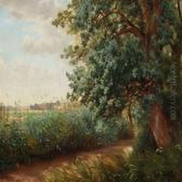 Landscape With Stream, In The Background Village Oil Painting by Hans Ludvig Smidth