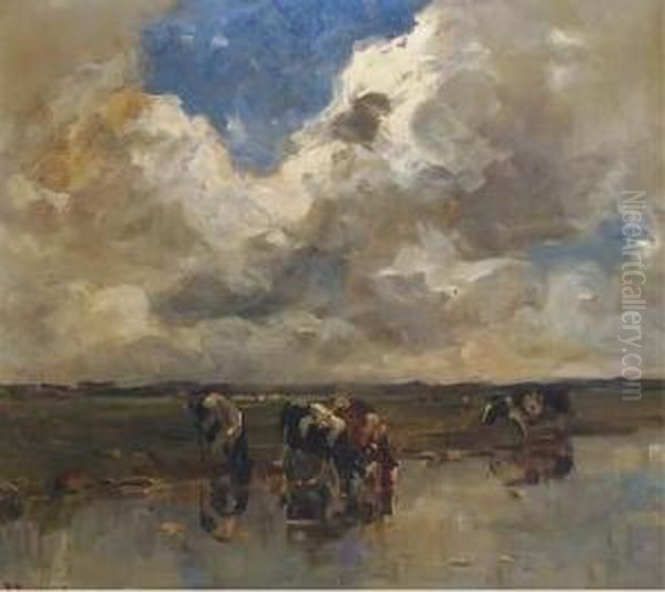 Cows Watering In A Polder Landscape Oil Painting by Frans Smissaert