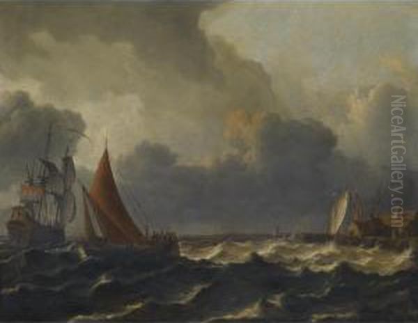 A Smalschip Closed Hauled In A Stiff Breeze With A Flagship Offshore To The Left And A Jetty To The Right Oil Painting by Aernout Smit