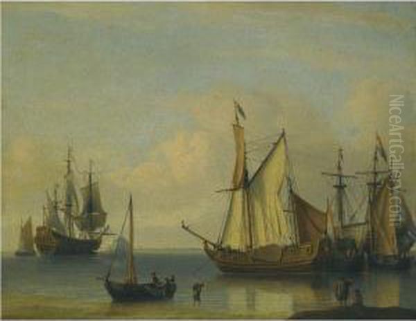 Dutch Vessels Anchored Close To The Shore In A Calm Oil Painting by Aernout Smit