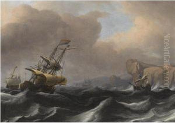 A Dutch Frigate And Other Shipping In Stormy Seas Along A Rockycoastline Oil Painting by Aernout Smit