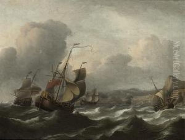 Shipping In Choppy Waters Before A Hilly Mediterranean Coast Oil Painting by Aernout Smit