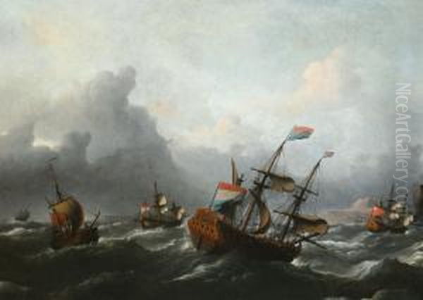 Dutch And Englishmen Of War Near The English Coast By Stormy Weather Oil Painting by Aernout Smit