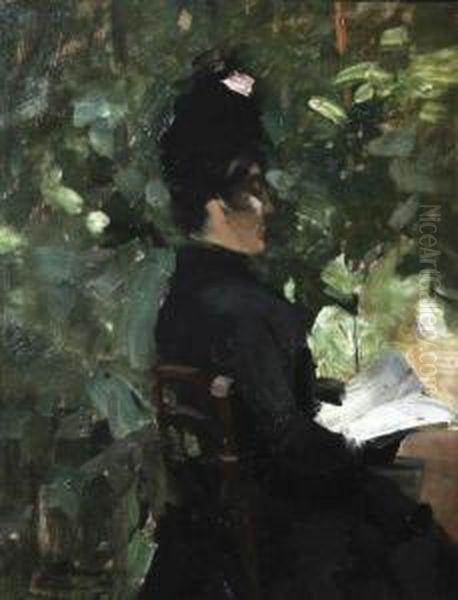 Femme Assise Dans Un Jardin Lisant Oil Painting by Alfred Smith