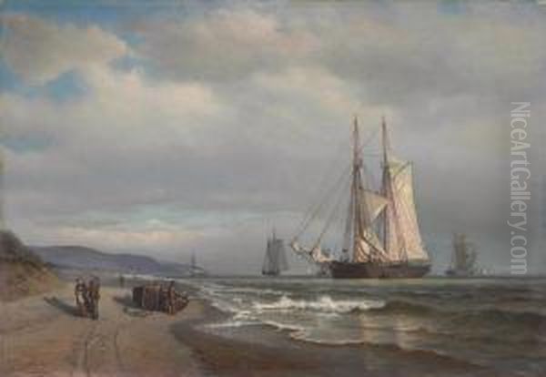 Shipping In A Calm In Sandy Hook Bay Oil Painting by Archibald Cary Smith