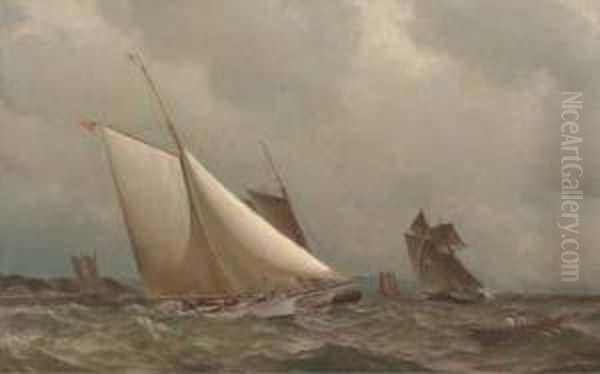 A New York Yacht Club Cutter Racing Off A Coast Oil Painting by Archibald Cary Smith