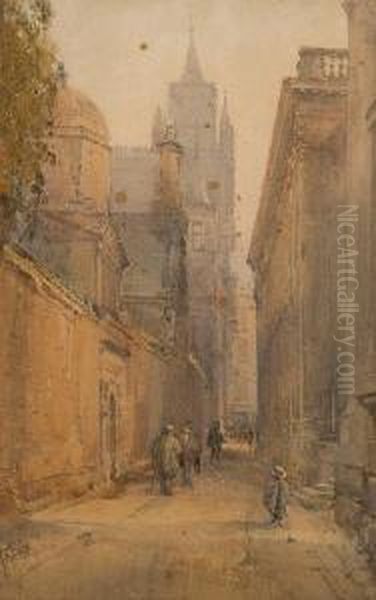 Figures In A Street Oil Painting by Arthur Reginald Smith