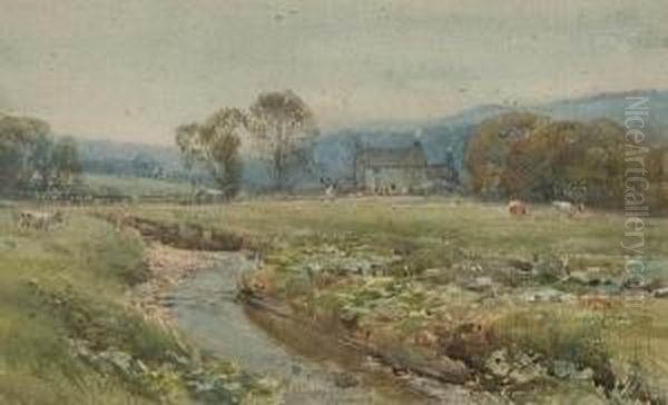 Farmstead With Cattle Beside A Brook Oil Painting by Arthur Reginald Smith