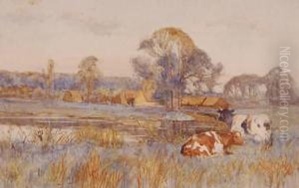 Cattle On A Riverbank Oil Painting by Arthur Reginald Smith