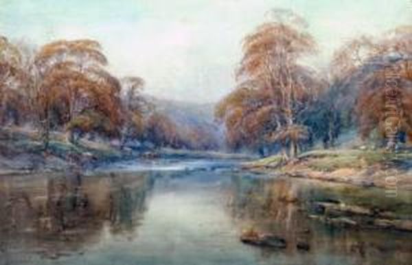 Cattle Watering In The Wharfe Oil Painting by Arthur Reginald Smith