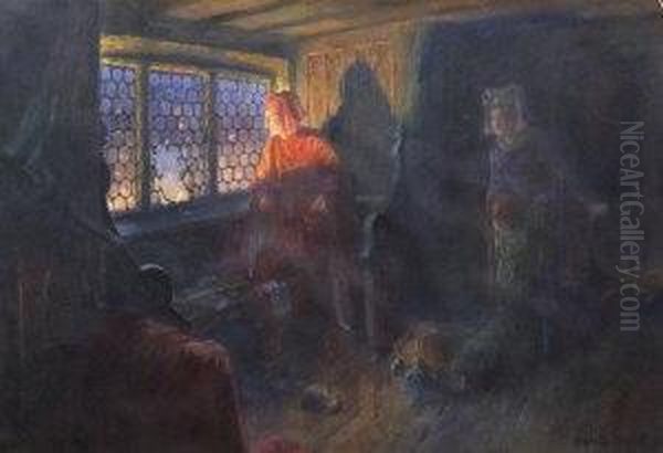 Family Sheltering From The Uproar In An Interior Oil Painting by Ben S. Smith