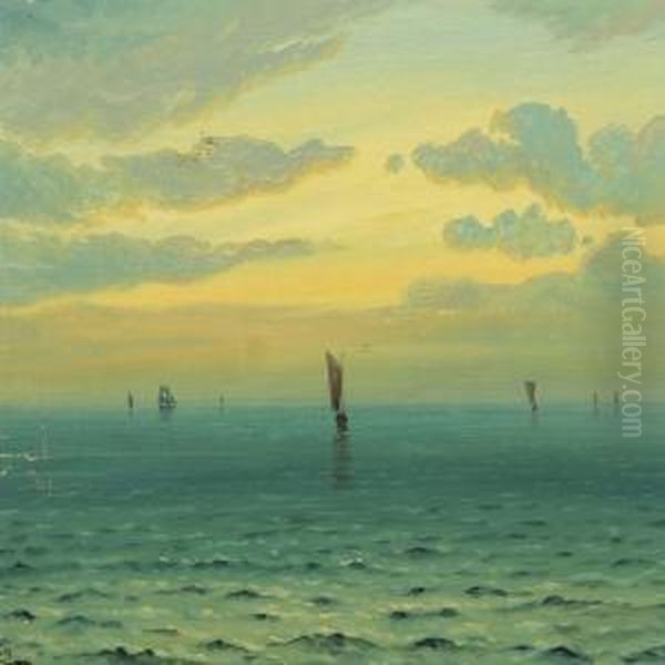 Seascape With Sailing Boats In The Sunset Oil Painting by Carlo Frithjol Smith