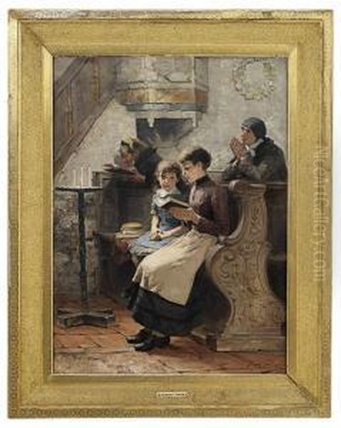 Church Interior Withwomen And Child 1887 Oil Painting by Carlo Frithjol Smith