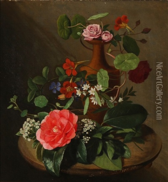 Roses, Creepers And Other Flowers In A Vase On A Table Oil Painting - Sara Tscherning