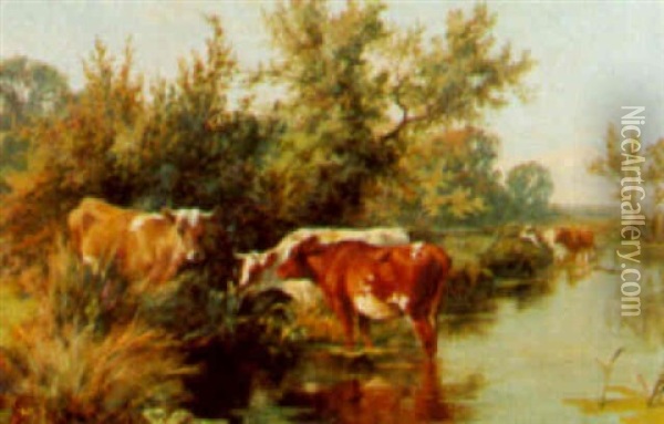 Cattle Watering Oil Painting - Charles Collins II