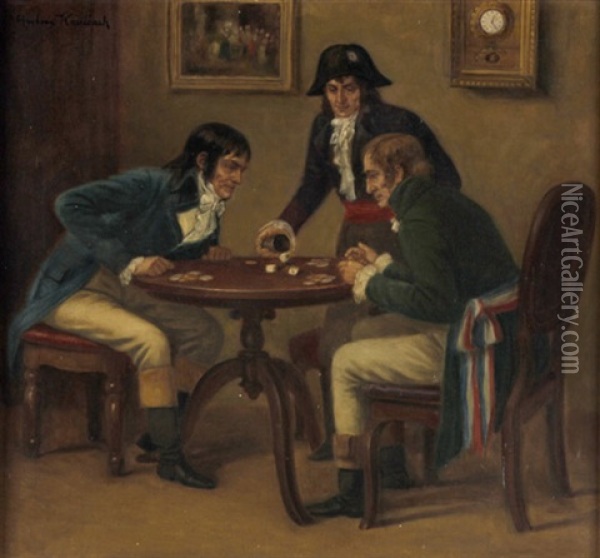 Beim Wurfelspiel - Biedermeierliche Genreszene Aus Der Franzosenzeit Oil Painting - Anton Kaulbach