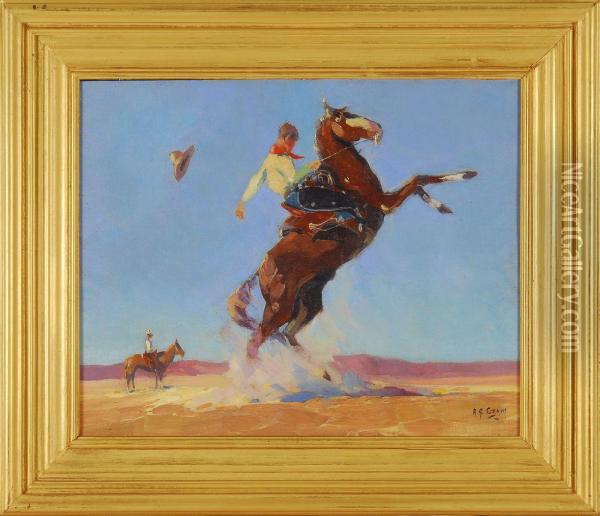 A Bronco Buster In The Desert With Another Cowboy On Horseback In The Distance Oil Painting - Allen Gilbert Cram