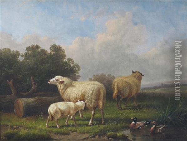 Sheep By A Barn (+ Sheep And Ducks In A Landscape; 2 Works) Oil Painting - Jacob Van Dieghem