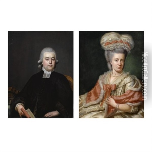 A Portrait Said To Be Of Jacob Henri Vernede, Wearing A Black Coat With A White Collar, Holding A Book (+ A Portrait Said To Be Of His Wife, Petronella Jeanne Du Peyrou, Wearing A White Dress Wit Oil Painting - Hendrik Pothoven