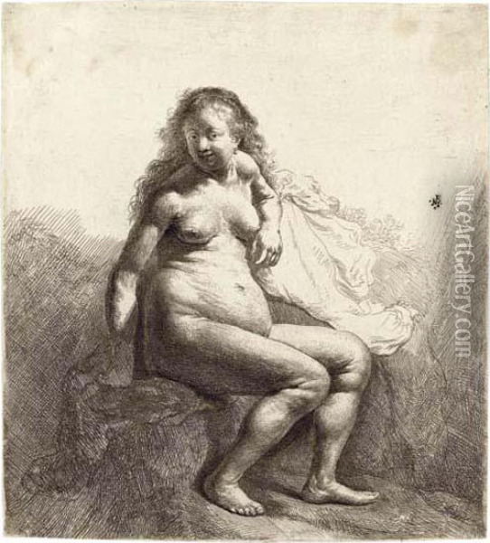 A Naked Woman Seated On A Mound Oil Painting - Rembrandt Van Rijn