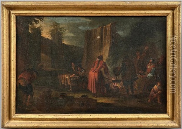 Scene De Campement, Rixe De Paysans (2 Works) Oil Painting - Pietro Domenico Olivero