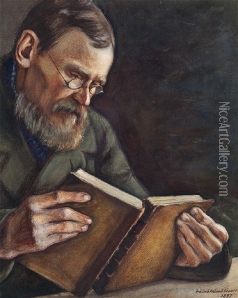 A Man Reading Oil Painting - Vaeinoe Haemaelaeinen