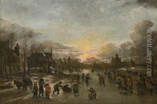 A Winter Landscape At Sunset With Figures Playing Kolf On The Ice Oil Painting - Aert van der Neer