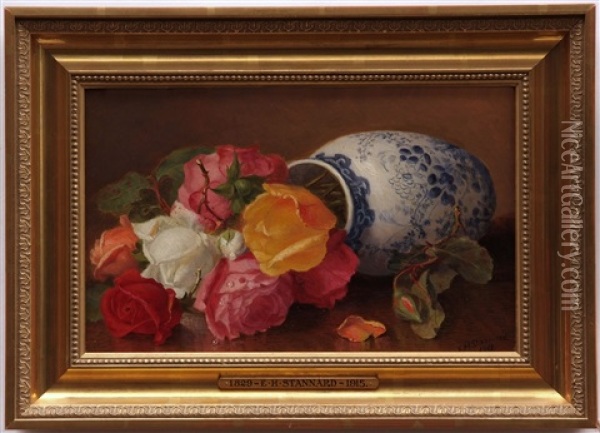 Still Life Study Of A Fallen Blue And White Vase And Roses Oil Painting - Eloise Harriet Stannard