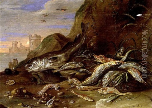Poissons Et Crustaces Sur La Plage Oil Painting - Jan van Kessel the Elder