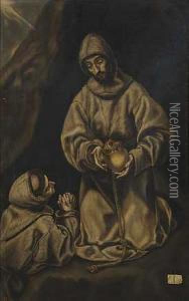 San Francisco Y El Hermano Leon En Meditacion Oil Painting - El Greco (Domenikos Theotokopoulos)