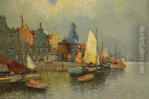 Hafenansicht Mit Zahlreichen Fischerbooten Oil Painting - Georg Fischhof