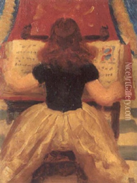 Young Girl Reading A Manuscript Oil Painting - Thomas Cooper Gotch