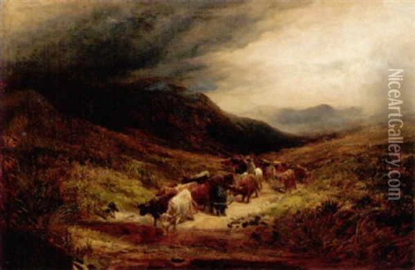 Highland Cattle Fording A Burn Oil Painting - Henry Garland