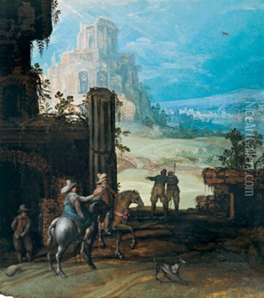 Reiter In Einer Landschaft Mit Ruinen Oil Painting - Willem van Nieulandt the Elder