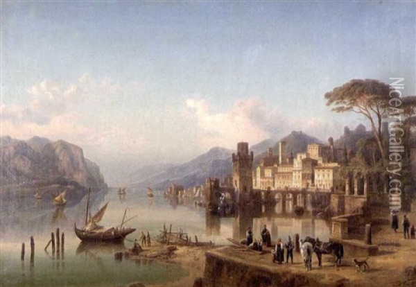 Sonnenbeschienene Stadt An Einem Oberitalienischen See Oil Painting - Henry Jackel