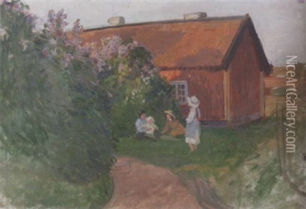 Sommarlandskap Med Barn Och Blommande Syrener Oil Painting - Hanna (Hirsch) Pauli