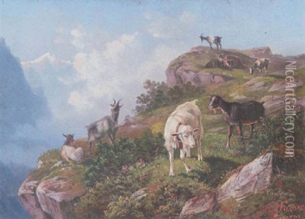 Ziegen Am Felsigen Hang Im Hochgebirge (berner Oberland?) Oil Painting - Heinrich Fischer