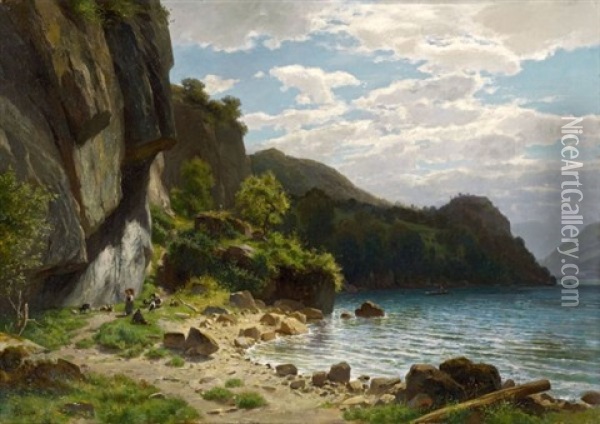 Ziegenhirten Mit Herde Am Seeufer (goatherd With Flock At The Lakeside) Oil Painting - Otto Froelicher