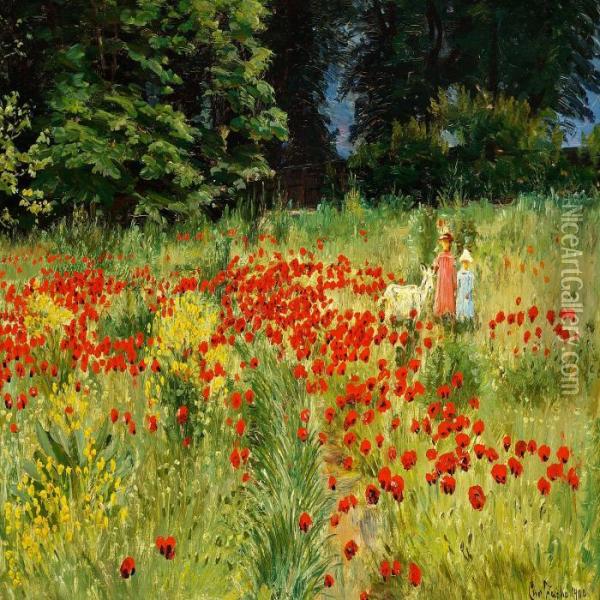 Little Girls Walkingin A Field With Red Poppies In Bloom Oil Painting - Christian Zacho