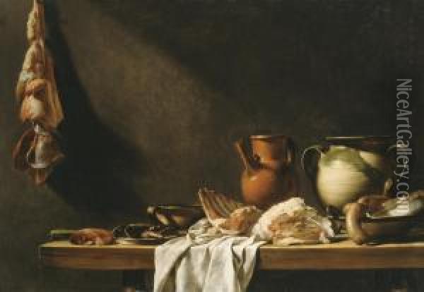 Table De Cuisine: Earthenware Jugs And Meat On A Partly-draped Kitchen Table Oil Painting - Nicolas Henry Jeaurat De Bertry