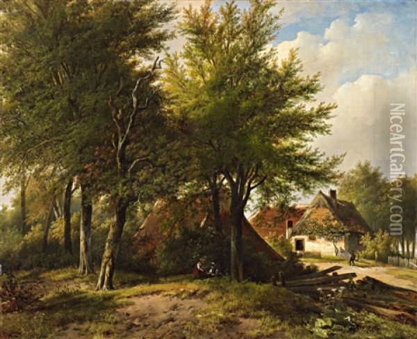 Landscape With A Farmhouse Oil Painting - Johannes Hermanus Barend Koekkoek