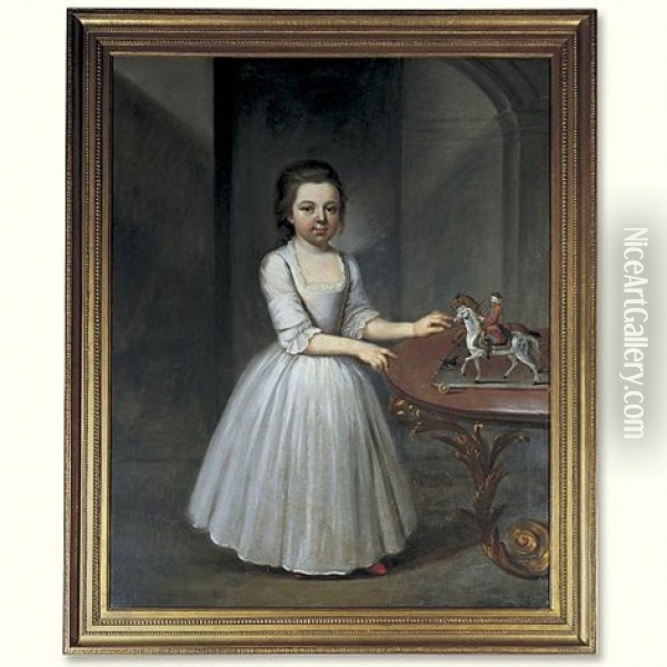 Portrait Of A Young Girl, Wearing A Grey Satin Dress, By An Elaborate Roccoco Table With Toy Soldiers Oil Painting - Thomas Frye