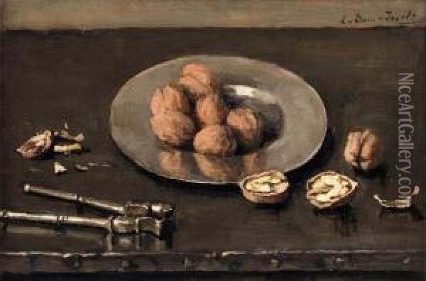 A Still Life With Walnuts On A Pewter Plate Oil Painting - Lucie Van Dam Van Isselt