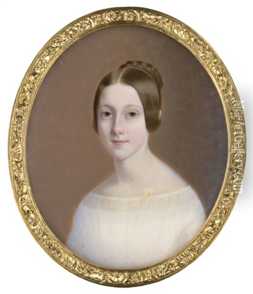 Portrait Der Amanda Du Crest De Villeneuve (1829-1883), Geb. Le Francois, Gemahlin Des Alexandre-marie Du Crest De Villeneuve, In Weisem Kleid Oil Painting - Leon Brzezinski