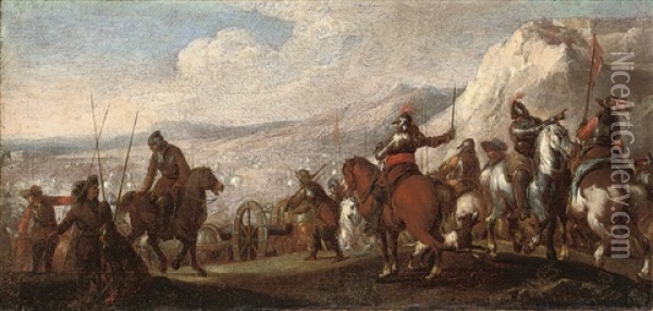 A Battlefield With Cavalrymen Giving Orders Oil Painting - Abraham Brueghel